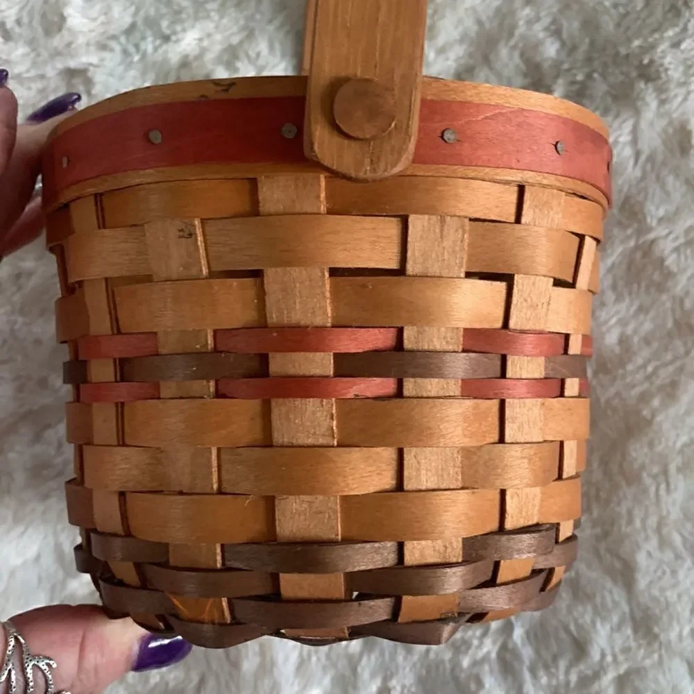 Henn Workshops Woven Wooden Basket w/Handle Hand Crafted Vintage 1998